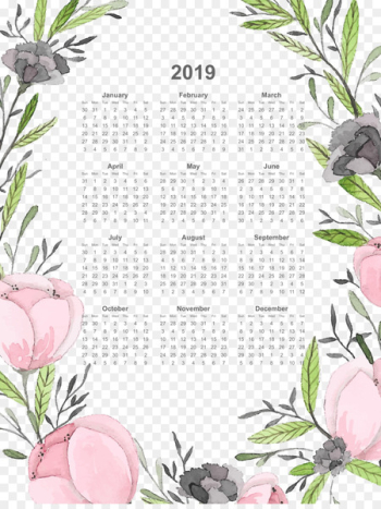 2019 calendar full page with watercolor flowers.pn - 2019 drawing calendar 
