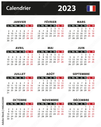 2023 Calendar - vector stock illustration. France, French version | Calendrier 2023 - illustration vectorielle stock. France, version française
