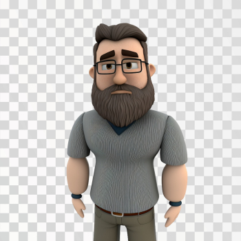 3D avatar of a bearded man in casual clothes, PNG transparent background