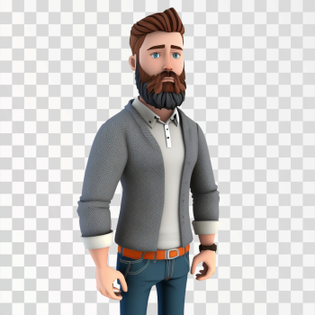 3D avatar of a bearded man in casual clothes, PNG transparent background