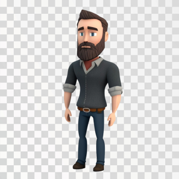 3D avatar of a bearded man in casual clothes, PNG transparent background