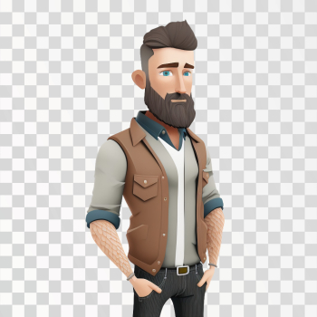 3D avatar of a bearded man in casual clothes, PNG transparent background