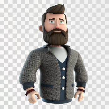 3D avatar of a bearded man in casual clothes, PNG transparent background