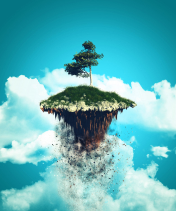 3d floating island exploding into the sky Free Photo