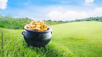 3D illustration of a cauldron filled with golden coins