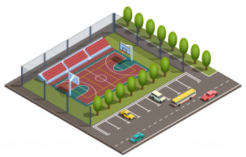 3d isometric basketball field, car parking 3d isometric basketball field, car parking