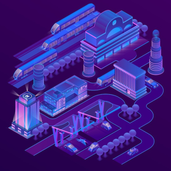 3d isometric city in ultra violet colors with modern buildings, skyscrapers, railway station 