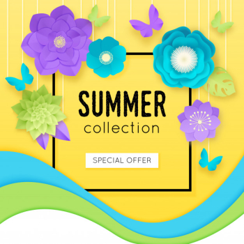 3d paper flowers poster with summer collection special offer headline at the center vector illustration Free Vector