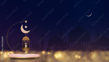  3D Podium with traditional Islamic lantern,Candle,Pink gold Crescent moon and Star with silhouette Mosque background, Eid Mubarak islamic greeting card design for Saudi Arabia and muslim people.