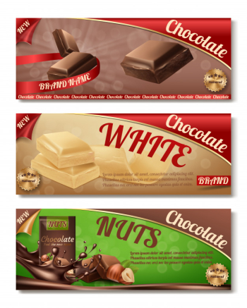 3d realistic collection of chocolate packaging. Horizontal labels of tasty product with nuts