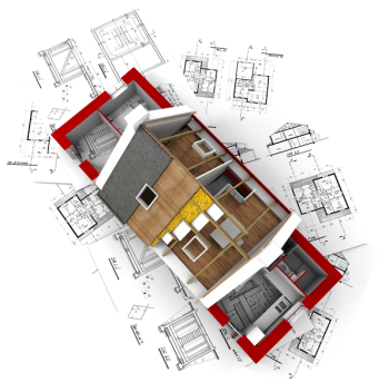 3D rendering of a roofless house on top of architect plans