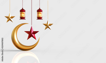 3d rendering of crescent moon, lanterns and star with with empty space for text on the right. Realistic background for ramadan, Ramadan kareem concept, 3D render illustration.