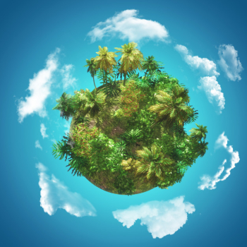 3d tropical background with glove of palm trees on blue sky with circling clouds Free Photo