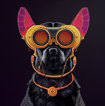 a black dog in futurstic headphones, with VR glasses