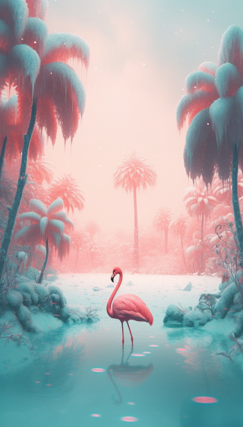 A flamingo at icy lake in the forest with soft snowfall