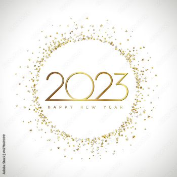 A Happy New Year 2023 symbol. White bg. Web icon or button. Round logotype concept. Abstract isolated graphic design template. Christmas creative decoration. Golden snowy ball. Shiny glittering digits