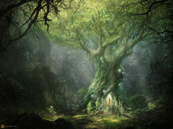 A light-dark in warm-green tones highly detalied fantasy forest ...
