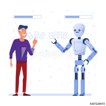 A man in VR glasses and a robot play card game in augmented reality A man in VR glasses and a robot play card game in augmented reality