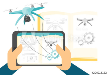 A man uses augmented reality on a tablet with flying drone A man uses augmented reality on a tablet with flying drone