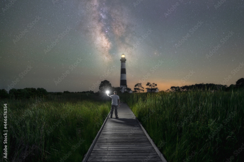 A man walking on a pathway towards Bodie Island Lighthouse and the Milky Way Galaxy 