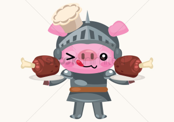 A pig knight with chef hat and two dishes A pig knight with chef hat and two dishes