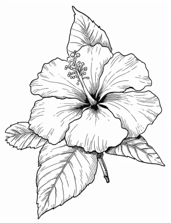 A simple black and white line drawing in the pictorial style of a hibiscus flower