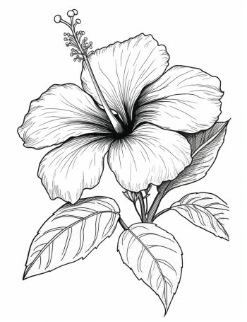 A simple black and white line drawing in the pictorial style of a hibiscus flower