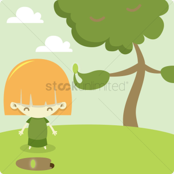 A tree giving a girl a seed