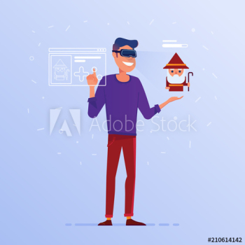 A white man in VR headset with virtual hud interface elements symbolizing virtual reality gaming