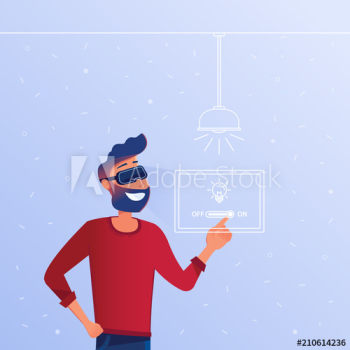 A white man in VR headset with virtual hud interface elements symbolizing virtual reality smart home control