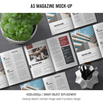 A5 magazine mockup with basil plant A5 magazine mockup with basil plant