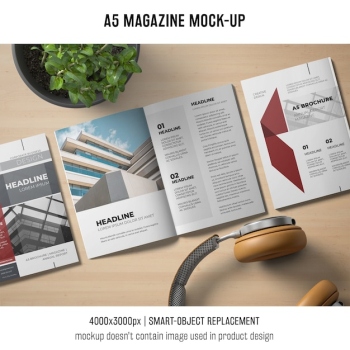 A5 magazine mockup with headphones