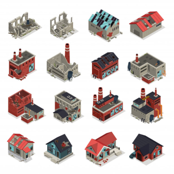 Abandoned buildings isometric set Free Vector