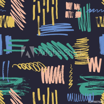 Abstract seamless pattern with colorful scribble, daub, paint traces and brush strokes on black background