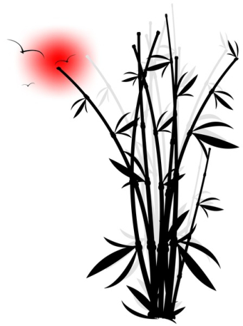 abstract silhouette of bamboo over sky with sun and birds