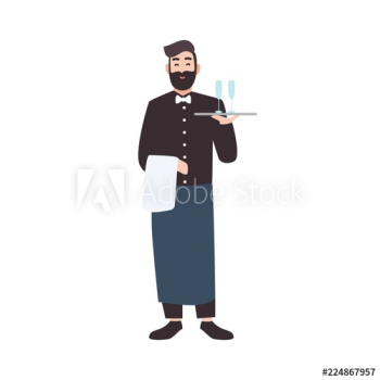 Accommodating waiter, restaurant waiting service worker or server carrying tray with drinks