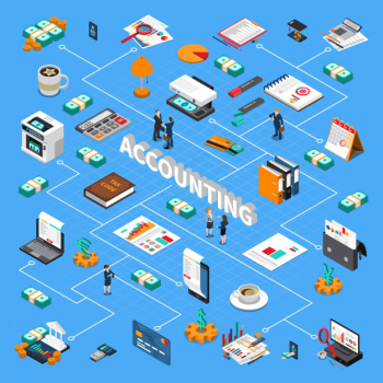 Accounting administration taxes comprehensive isometric flowchart with financial statements files documents folders cash counting machine Free Vector