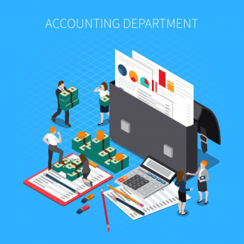 Accounting department isometric composition with financial documents folders reports statements tax calculator cash banknotes staff Free Vector