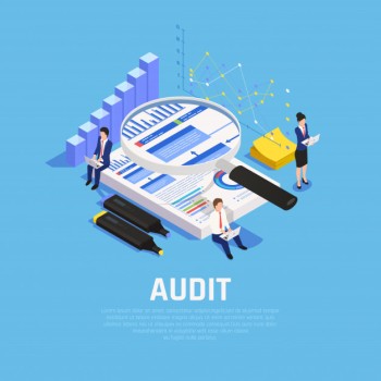 Accounting isometric composition with charts documentation and human characters during audit on blue Free Vector