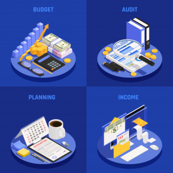 Accounting isometric design concept with budget and audit planning and income blue Free Vector