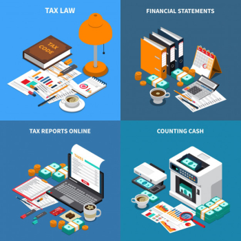 Accounting tax 4 isometric compositions concept with financial statements reports online and cash counting machine Free Vector