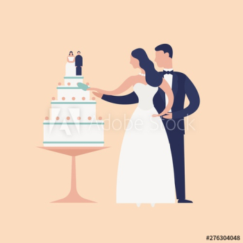 Adorable newlyweds cutting cake with topper isolated on light background Adorable newlyweds cutting cake with topper isolated on light background