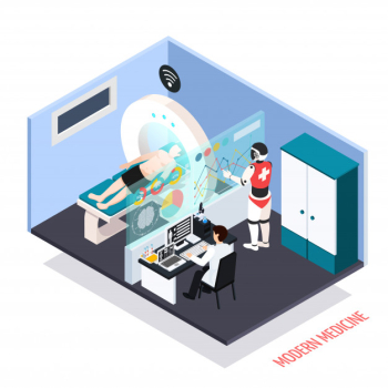 Advanced medical technologies isometric composition with robotic assisted mri scanner diagnostics tests controlled by operator illustration Free Vector