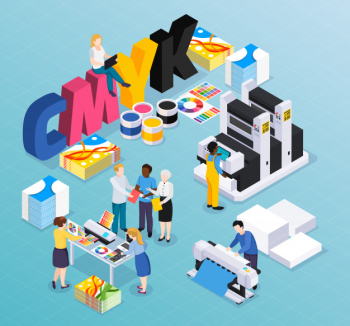 Advertising agency printing house isometric composition with customers designers workers producing colorful press ads material illustration Free Vector