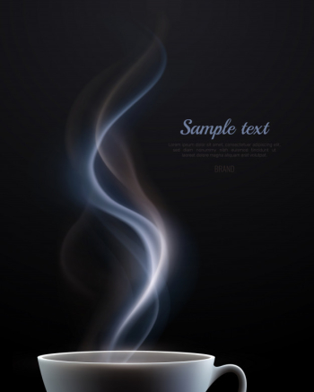 Advertising poster with white ceramic steaming cup of hot beverage and place for text on black background realistic Free Vector