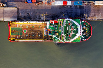 Aerial Shot Of Docked Cargo Ship Aerial Shot Of Docked Cargo Ship