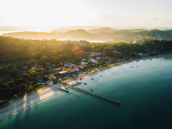 aerial view of beach resort during sunrise aerial view of beach resort during sunrise
