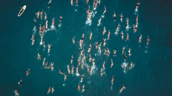 Aerial View of People Swimming on Sea Aerial View of People Swimming on Sea