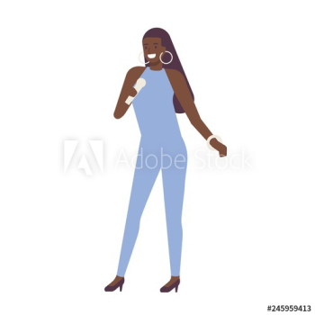 African American singer, vocalist or songstress wearing elegant jumpsuit and holding microphone