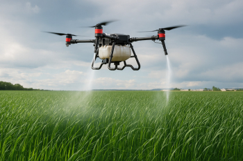 Agricultural Drone Spraying Fertilizer Over Green Field Agricultural Drone Spraying Fertilizer Over Green Field